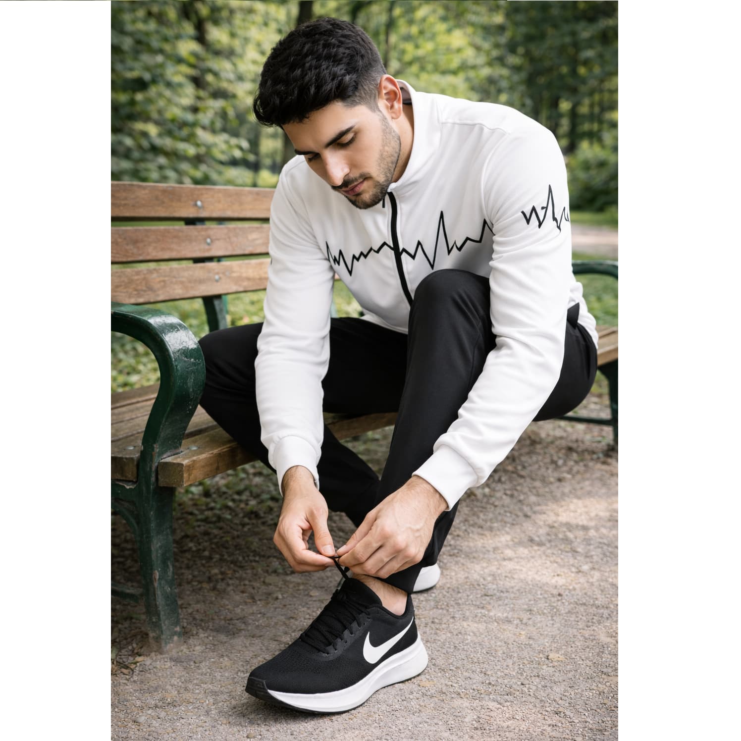 پکیج ست سوییشرت شلوار مردانه سفید مدل EKO  کفش ورزشی مردانه Nike مدل Tigo زیره سفید