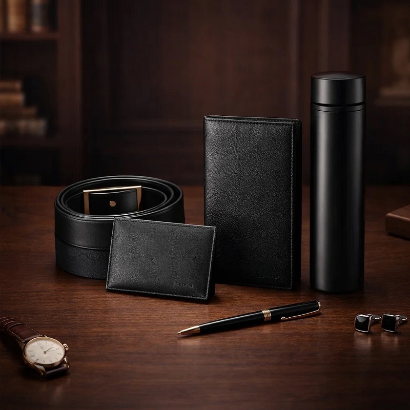 پکیج هدیه سازمانی (فلاسک دماسنج دار  ست کیف و کمربند جعبه لاکچری)